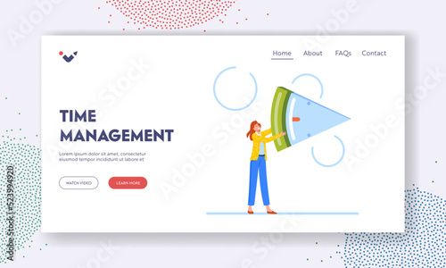 Time Management Landing Page Template. Businesswoman Character Holding Clock Timer Piece. Tasks Allocation, Control