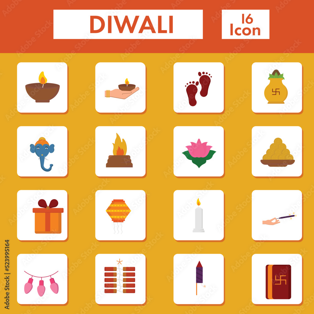 Illustration Of Diwali Icon 16 Icon Set On Yellow Background.