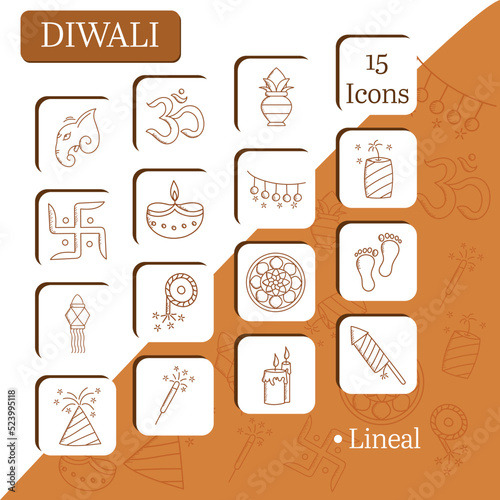Isolated Diwali Lineal Icons Set Against Orange And White Background.