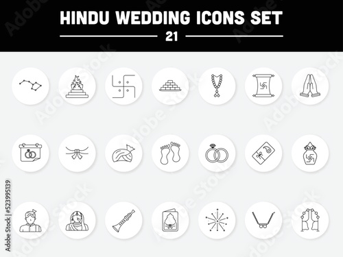 Black Line Art Set Of Hindu Wedding Icons In Round Background.