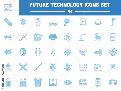 Blue And White Future Technology Icon Or Symbol Set In Flat Style.