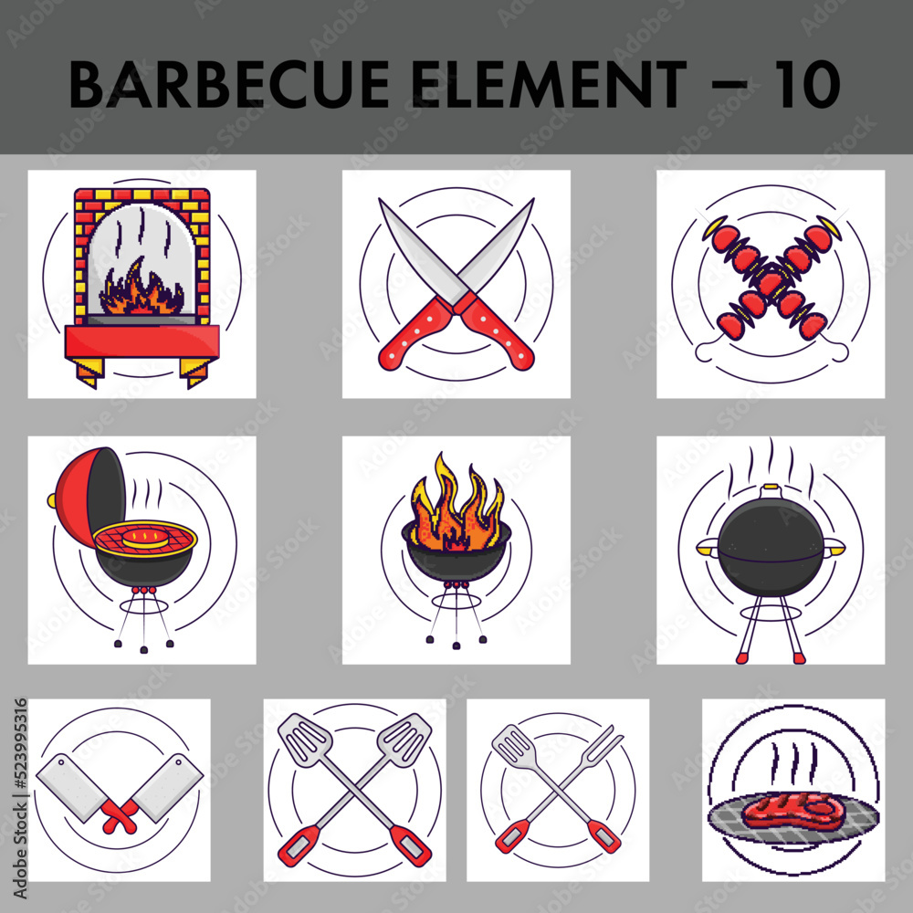 Set Of 10 Barbeques Element Against Grey Background.