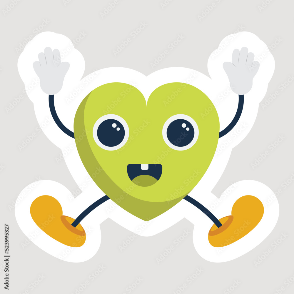 Sticker Of Cute Jumping Heart Cartoon In Green And Yellow Color. Sticker Of Cute Jumping Heart Cartoon In Green And Yellow Color.