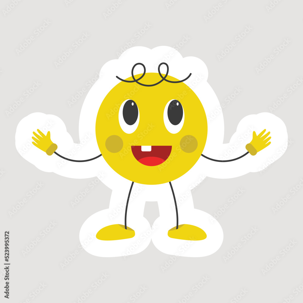 Open Arm Standing Laughing Circle Cartoon Against Grey Background In Sticker Style.