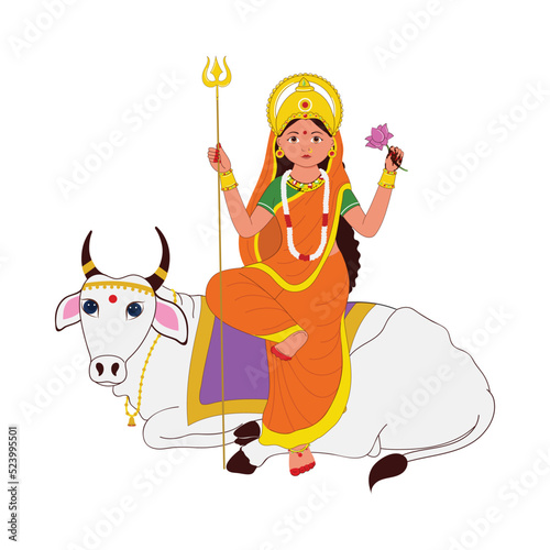 Statue Of Indian Goddess Shailputri On White Background.