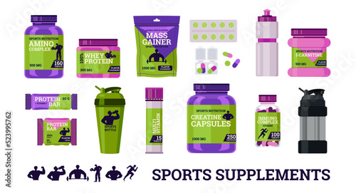 Supplements for athletic people - vitamins, protein bars, creatinine, flat vector illustration isolated on white.
