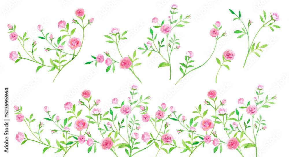 小さいバラの水彩イラスト。装飾エレメントセット（透過背景）
