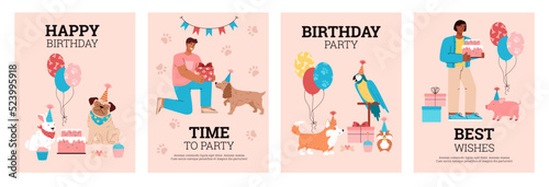 Pets birthday party cards or invitations collection, flat vector illustration.