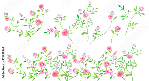 小さいバラの水彩イラスト。装飾エレメントセット（透過背景） 