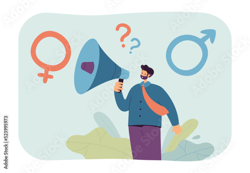 Male and female symbols and man talking into loudspeaker. Person talking about sexes flat vector illustration. Gender equality, discrimination concept for banner, website design or landing web page