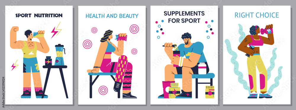 Sport nutrition and supplements for athletic people, posters set - flat vector illustration.