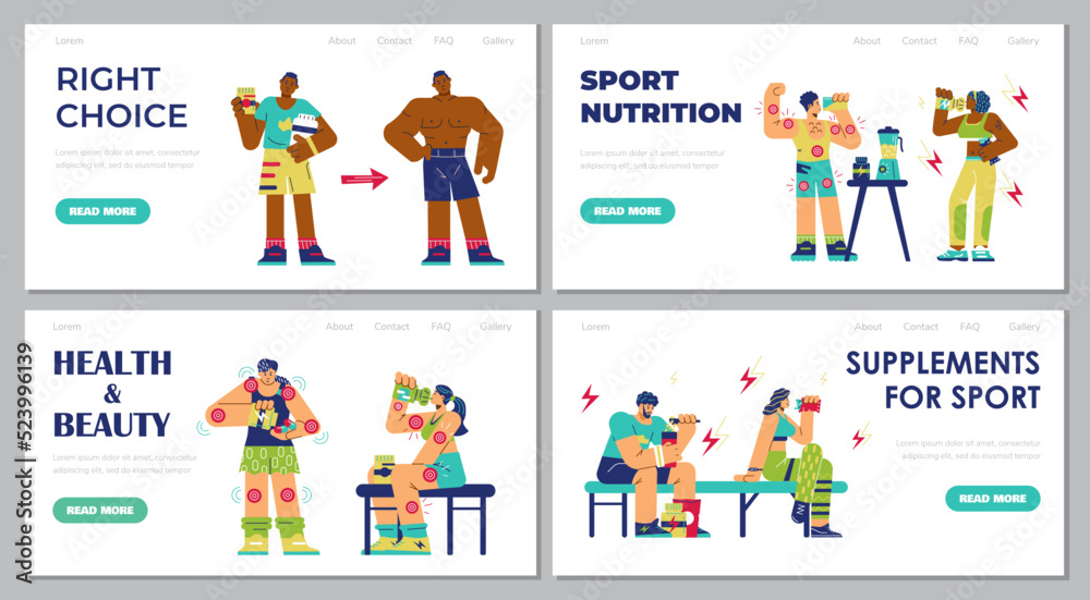 Set of website banners about sport supplements, athletic characters flat style