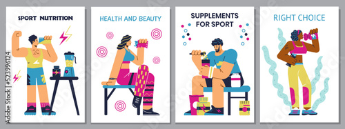 Sport nutrition and supplements for athletic people  posters set - flat vector illustration.