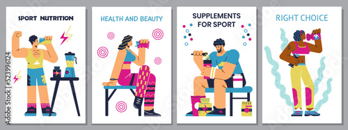 Sport nutrition and supplements for athletic people, posters set - flat vector illustration.