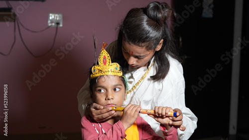 Two little artistes ready to perform in Janmashtami festival. Shri krishna janamasthmi 2022 photo