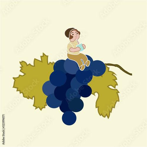 Kid on grapes, drinking grape juice vector illustration. Little boy with grapes fruits. Food illustration. Season of collecting harvest, grape for wine festive. Health and diet of fresh fruits art.