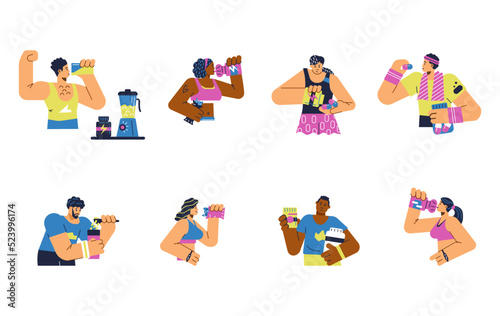 People mix and drink protein shakes and gainers  flat vector isolated.