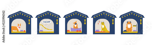 Pets hotel kennels filled with dogs and cats  flat vector illustration isolated.