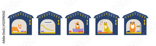Pets hotel kennels filled with dogs and cats, flat vector illustration isolated.
