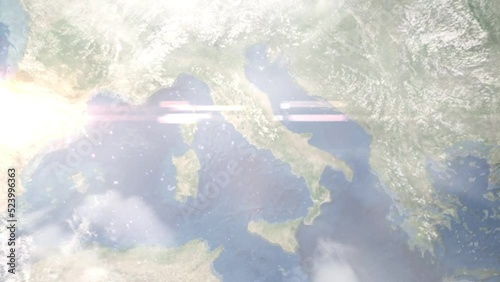 Earth zoom in from outer space to city. Zooming on Aprilia, Latina, Italy. The animation continues by zoom out through clouds and atmosphere into space. Images from NASA