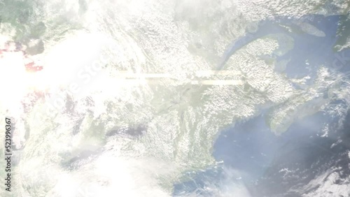 Earth zoom in from outer space to city. Zooming on Blainville, Quebec, Canada. The animation continues by zoom out through clouds and atmosphere into space. Images from NASA photo
