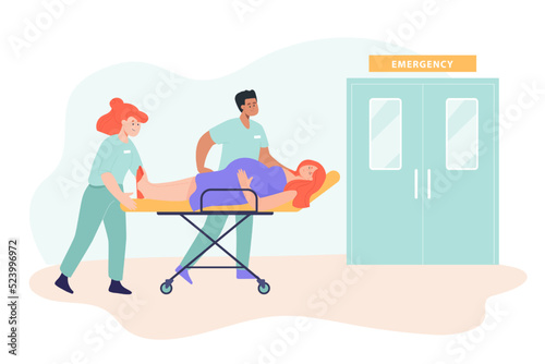Doctors carrying pregnant woman to emergency room. Expecting mother or patient lying on gurney and preparing to give birth flat vector illustration. Childbirth, urgency, hospital concept
