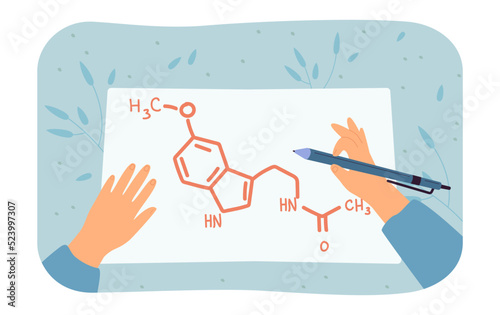 Hands of medical student drawing melatonin structure on paper. Person with pen, chemical formula flat vector illustration. Sleep disorder, treatment, health concept for banner or landing page