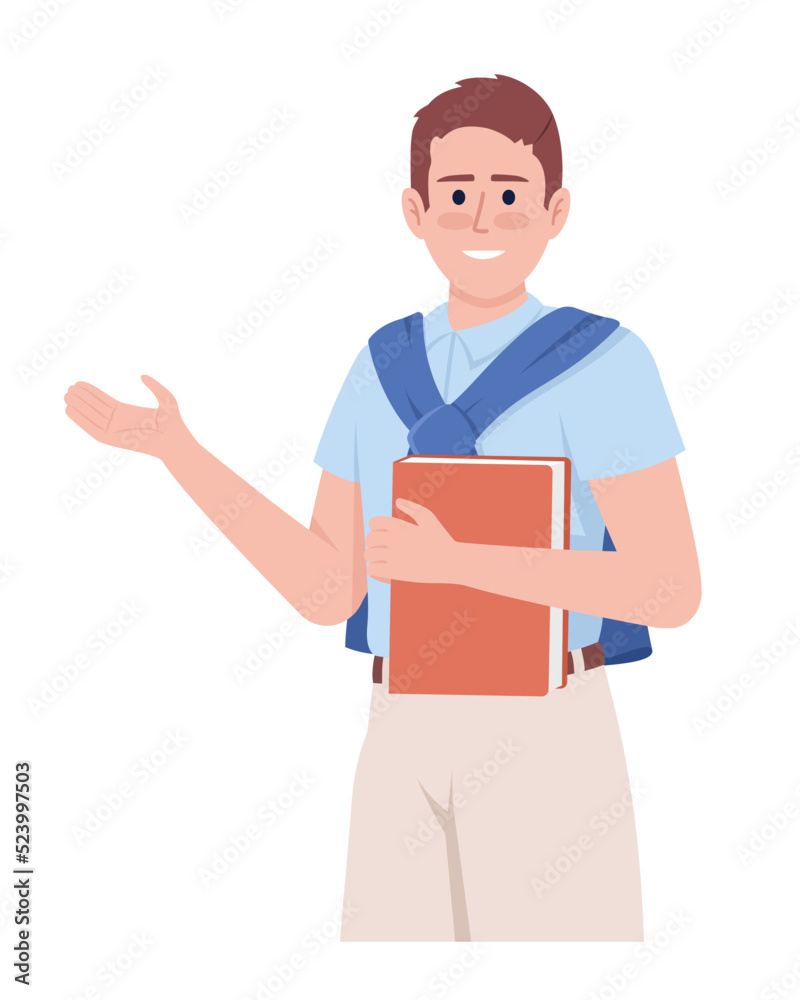 Happy student posing with book semi flat color vector character. Editable figure. Full body person on white. Studying simple cartoon style illustration for web graphic design and animation Happy student posing with book semi flat color vector character. Editable figure. Full body person on white. Studying simple cartoon style illustration for web graphic design and animation