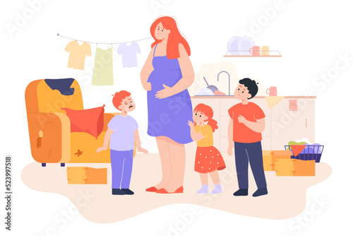 Poor pregnant woman with crying kids. Single expecting mother standing in untidy house, surrounded by her daughter and sons, having financial problems flat vector illustration. Depression concept