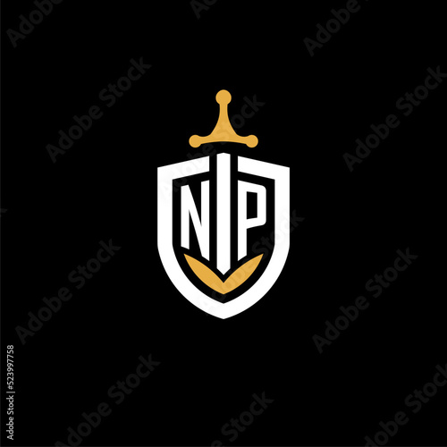 Creative letter NP logo gaming esport with shield and sword design ideas