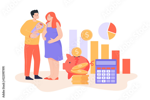 Sad family with child having financial difficulties. Husband and pregnant wife standing near broken piggy bank flat vector illustration. Low income family, problem, finance, money concept
