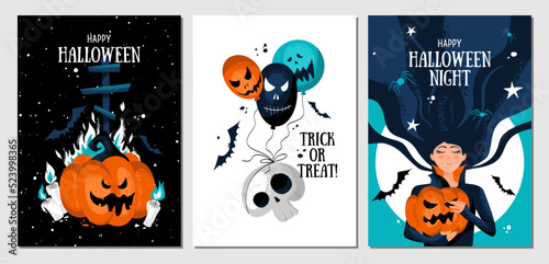 Set of halloween postcards with devil pumpkin, cross, candles, skull, balloons, cute vampire woman, spiders and bats.Vector template for card, poster, flyer, banner and other