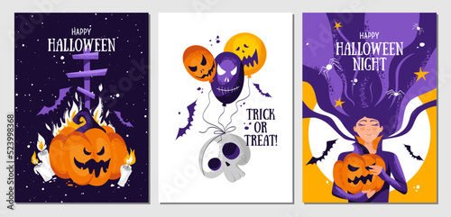Set of halloween postcards with devil pumpkin, cross, candles, skull, balloons, cute vampire woman, spiders and bats.Vector template for card, poster, flyer, banner and other