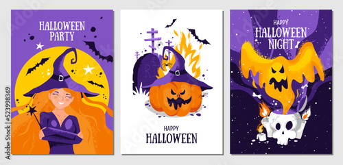 Set of halloween postcards with cute witch, moon, magic wand, bats, cemetery, crosses, devil pumpkin, ghost, skull, bones, spiders and candles.Vector template for card, poster, flyer, banner and other
