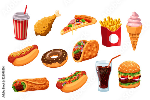 Realistic fast food cartoon illustration set. Delicious hamburger, slice of pizza, taco, soda, ice cream cone, fried potatoes, yummy donut and chicken leg. Junk food, unhealthy diet concept