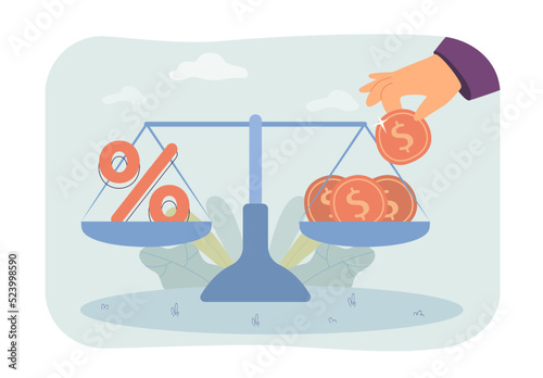 Hand putting gold coins on huge scales with percent sign. Balance between investment and income flat vector illustration. Finance, economy, profit concept for banner, website design or landing page