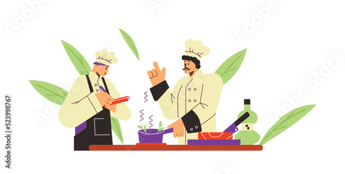 Mustachioed chef teaches young to cook flat style, vector illustration