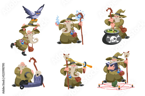 Old wizard in various actions cartoon illustration set. Wise magician, warlock or sorcerer with white beard in hat and robe brewing potion. Mage casting spell, divining on magic ball. Magic concept