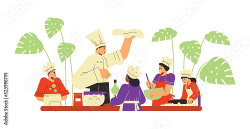 Chef in costume holding dough in hand and teaching smiling children to cook