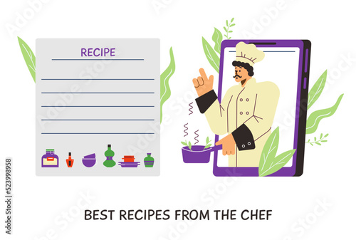 Recipe page design with chef cook character, flat vector illustration isolated.