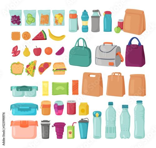 Items for lunch at school or office vector illustrations set. Backpacks and bags  packed healthy meals for picnic or lunch boxes  juice  water bottles on white background. Lunch break  food concept