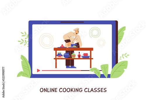 Online cooking classes concept, video of professional chef cooking - flat vector illustration on white background.