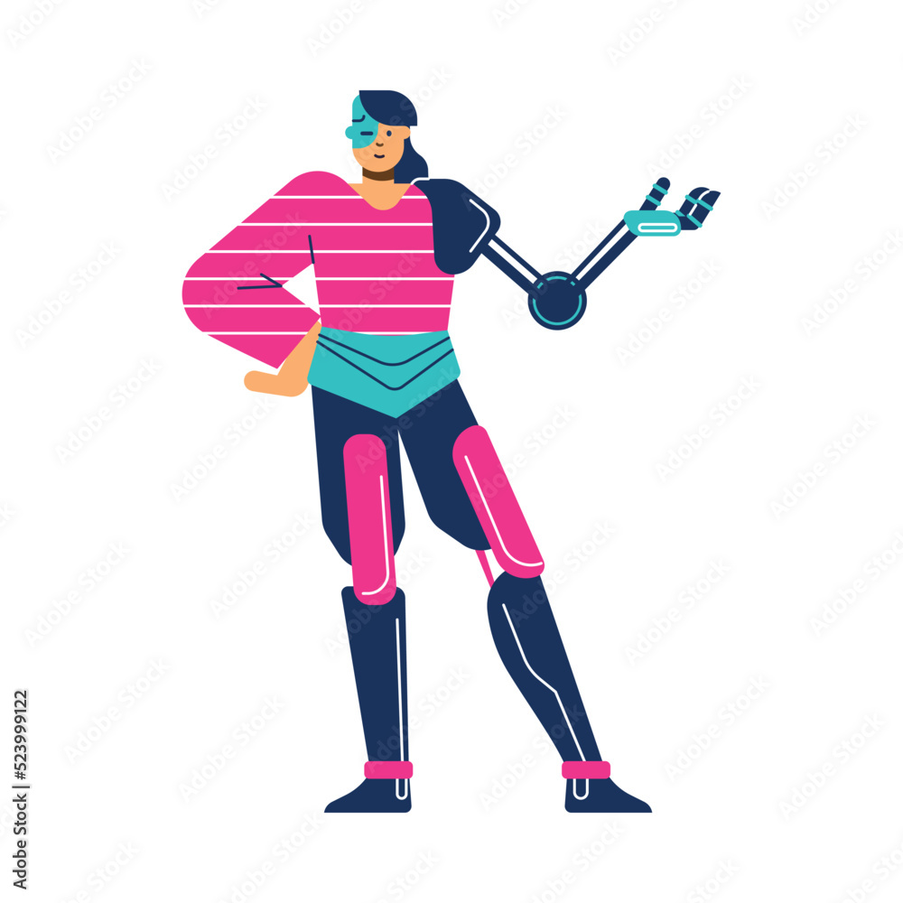 Female cyborg with an artificial robotic body parts flat vector isolated. Female cyborg with an artificial robotic body parts flat vector isolated.