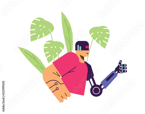 Man with artificial hand in special helmet flat style, vector illustration