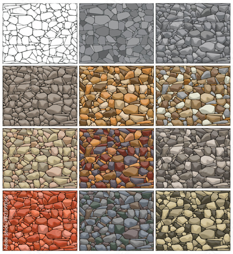 Layered editable vector illustration of different stone wall patterns.