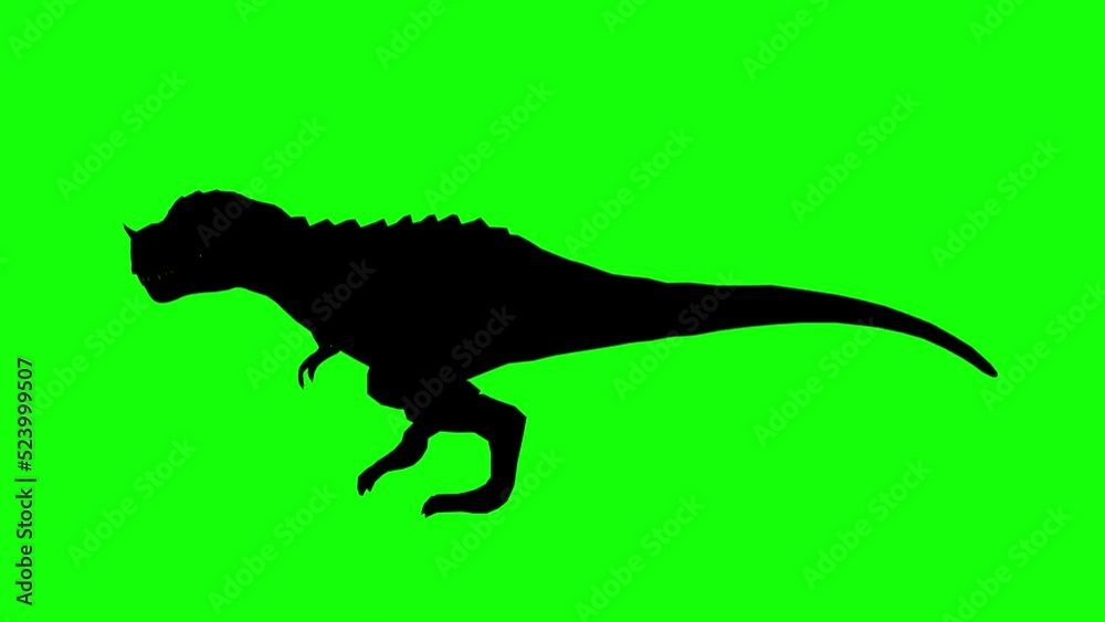 Silhouette of a fantasy creature monster T-Rex with horn walking on green screen, side view. Creature monster silhouettes seamless loop 3D animation. Silhouette of a fantasy creature monster T-Rex with horn walking on green screen, side view. Creature monster silhouettes seamless loop 3D animation.