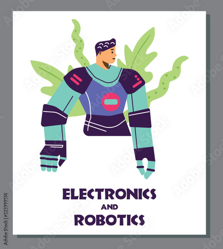Electronics and robotics banner concept with cyborg, flat vector illustration.