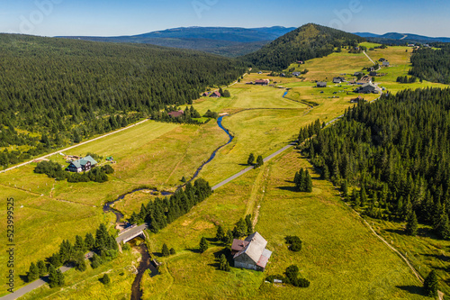 Jizerka valley under Bukovec hill in Czechia in Jizera Mountains.