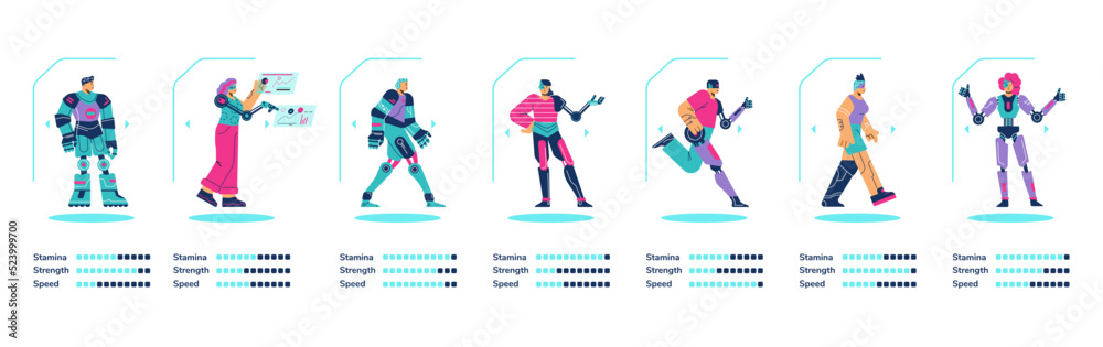 Diverse cyborgs abilities rates - flat vector illustration isolated on white.