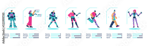 Diverse cyborgs abilities rates - flat vector illustration isolated on white.